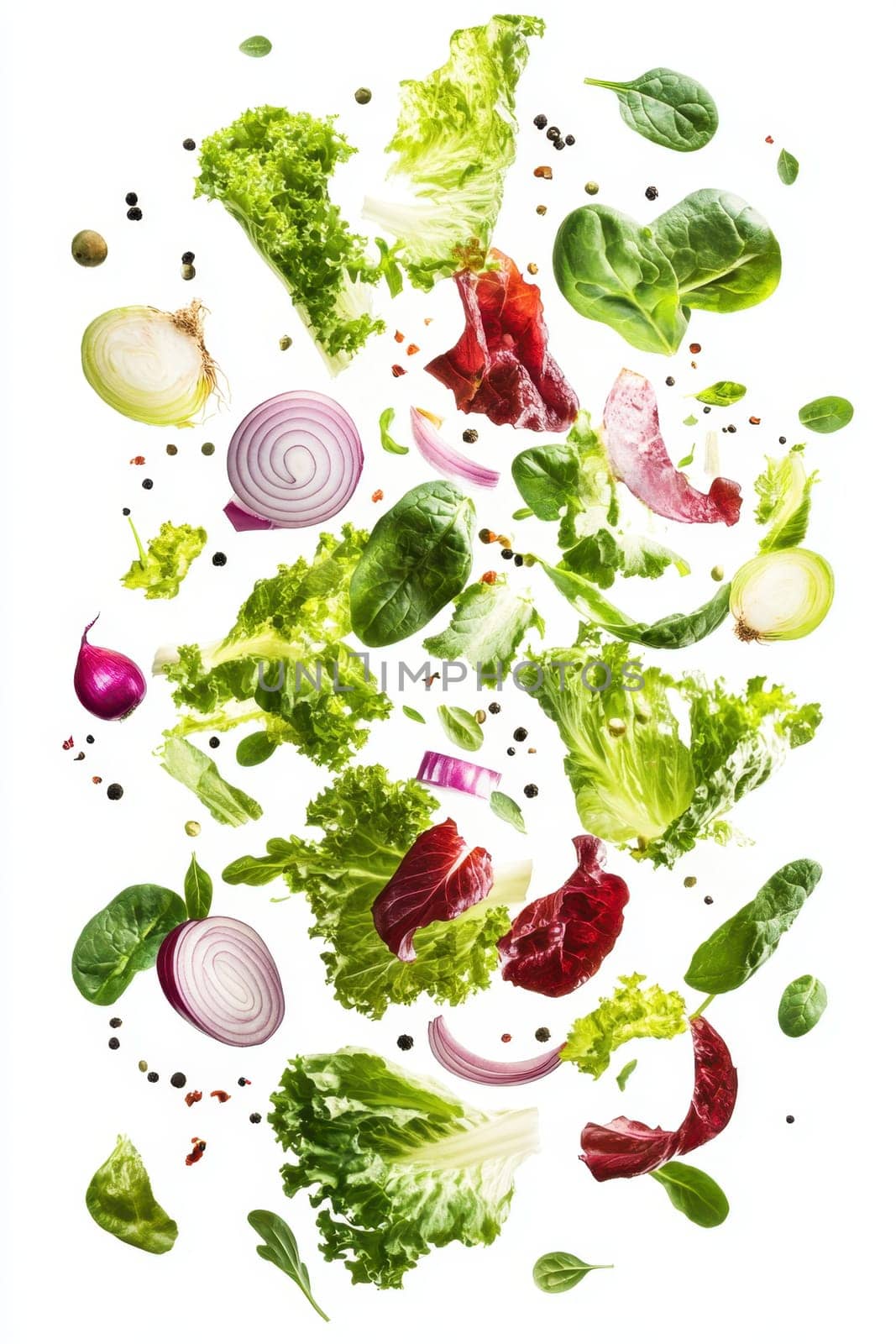 Flying lettuce and onions on a white isolated background.