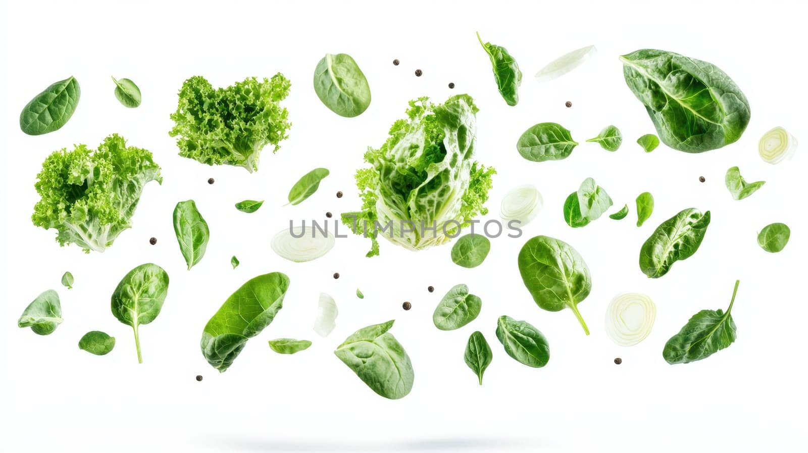 Green Lettuce Leaves and onions fly in the air on a white isolated background.
