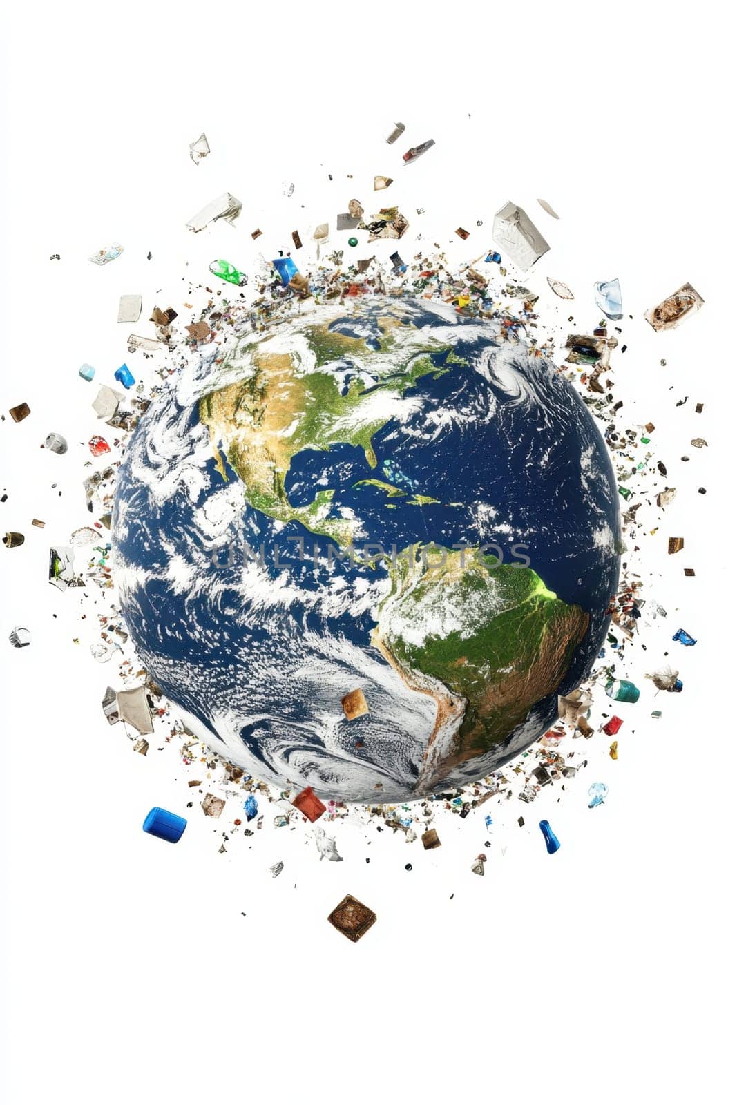 The concept of global environmental pollution. The planet is littered with various debris. Isolated on a white background.