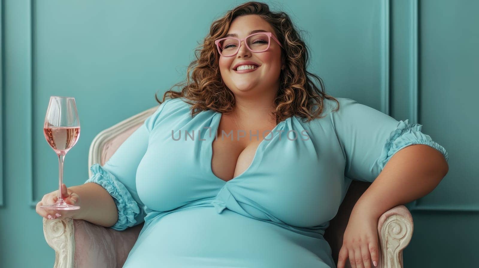 A lush smiling overweight woman in a blue dress sits with a glass of wine on a chair at home.