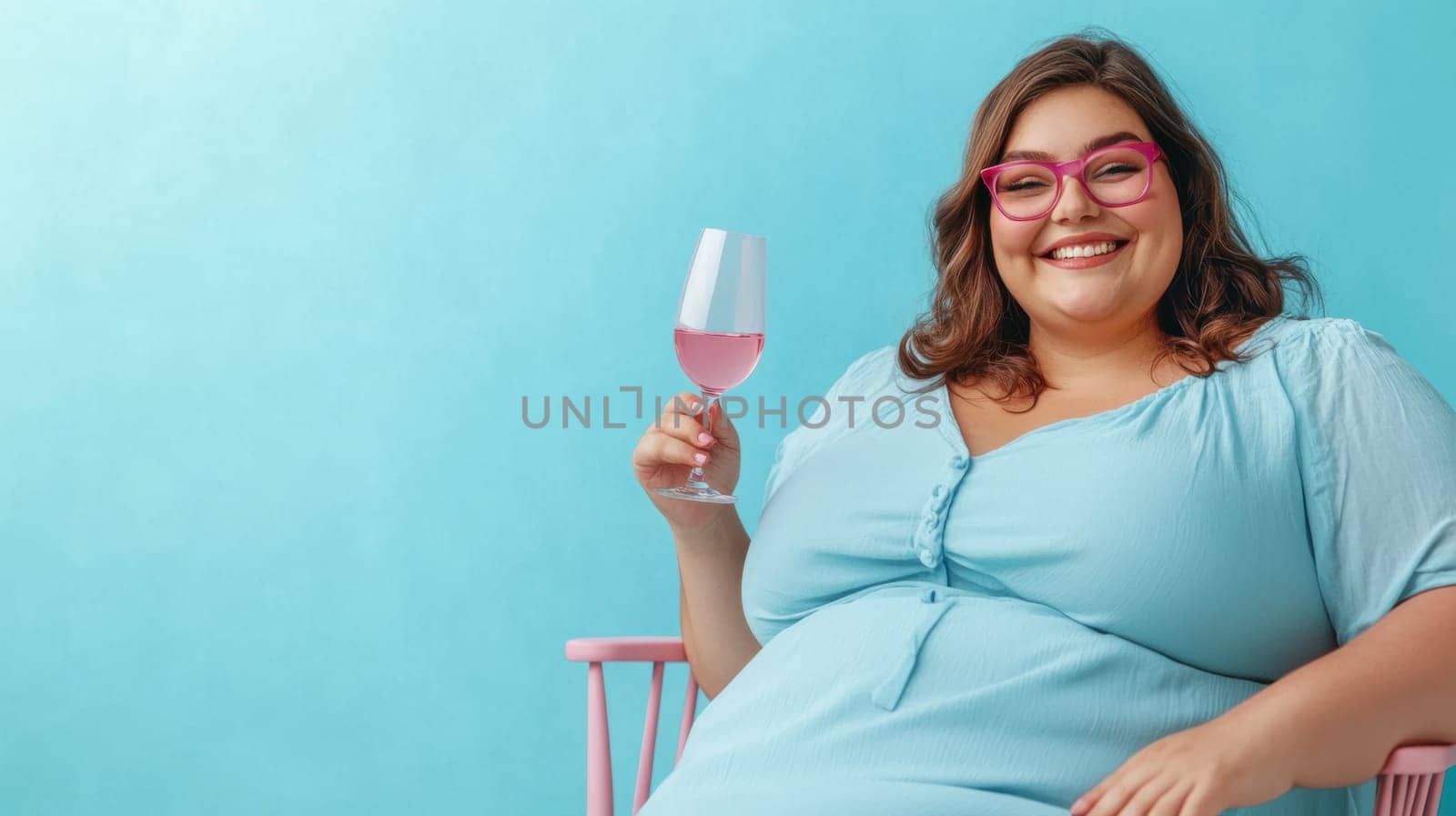 A lush smiling overweight woman in a blue dress sits with a glass of wine on a chair at home.