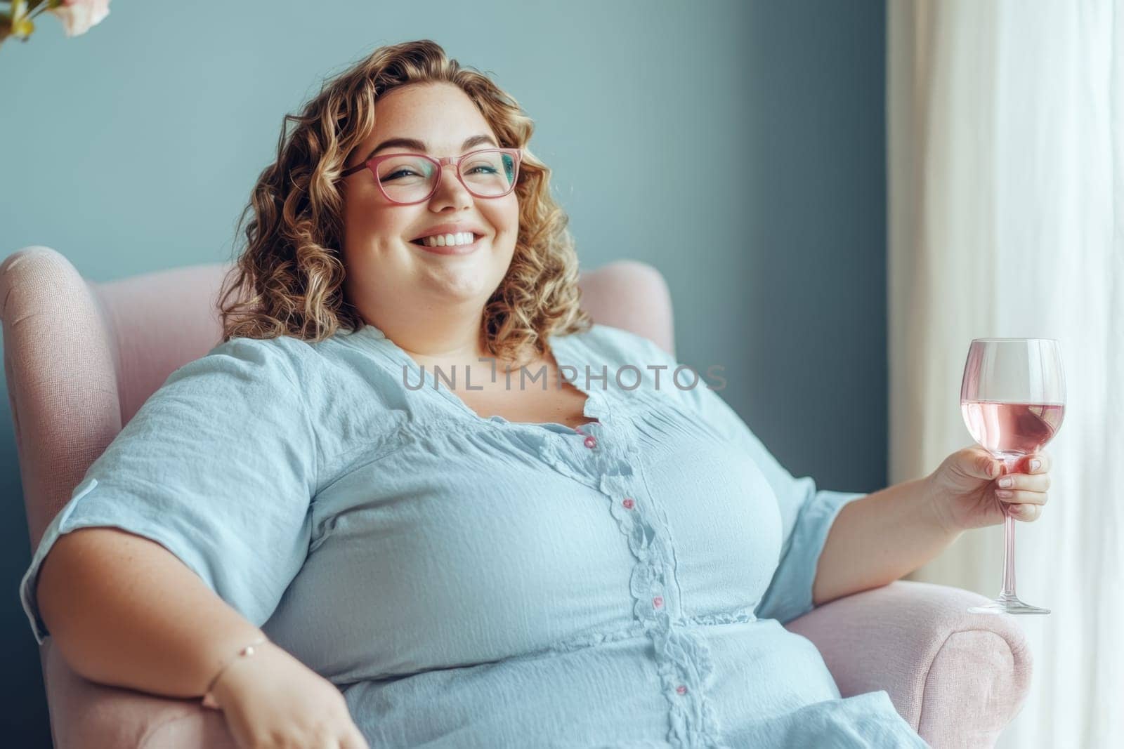 A lush smiling overweight woman in a blue dress sits with a glass of wine on a chair at home.