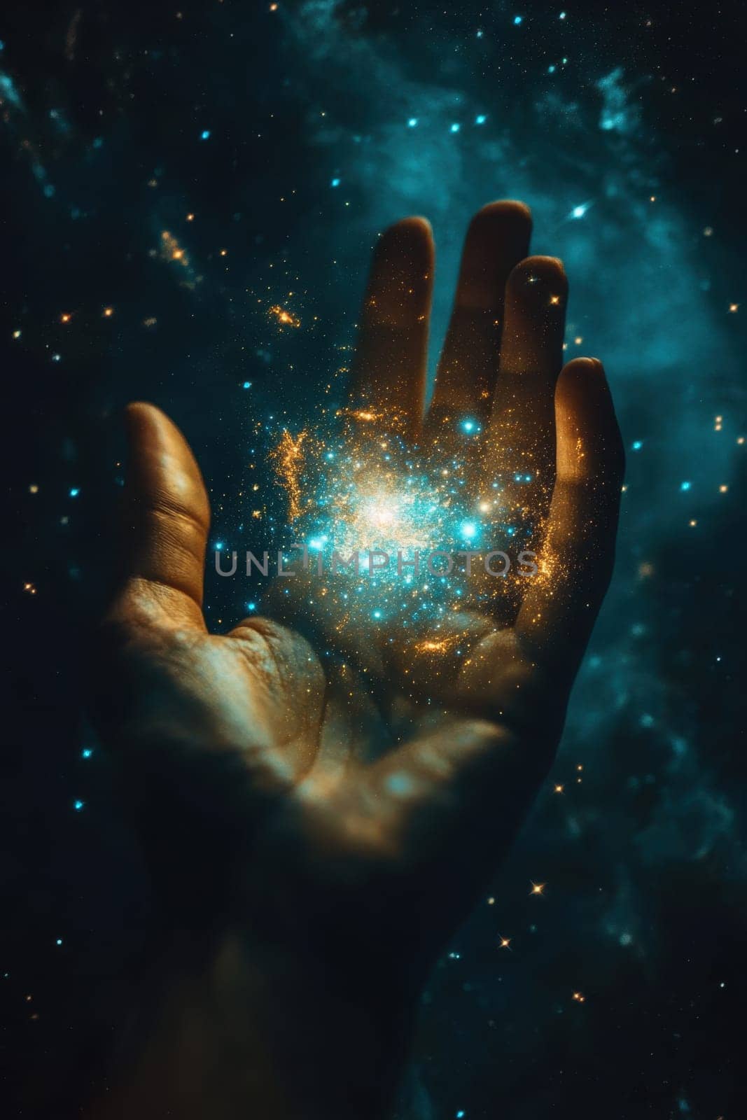 A man's hand against the backdrop of the universe. Stardust around a man's hand.