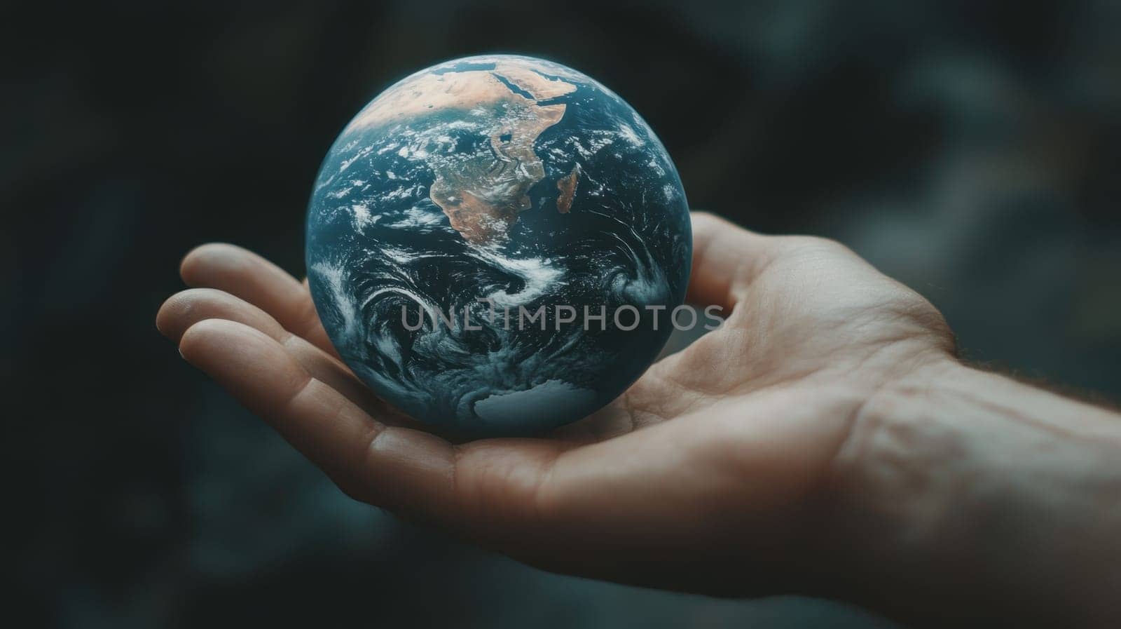 Layout of Planet earth on the hand of man. Nature and Technology. Green energy, renewable and sustainable resources. Caring for the environment and ecology.