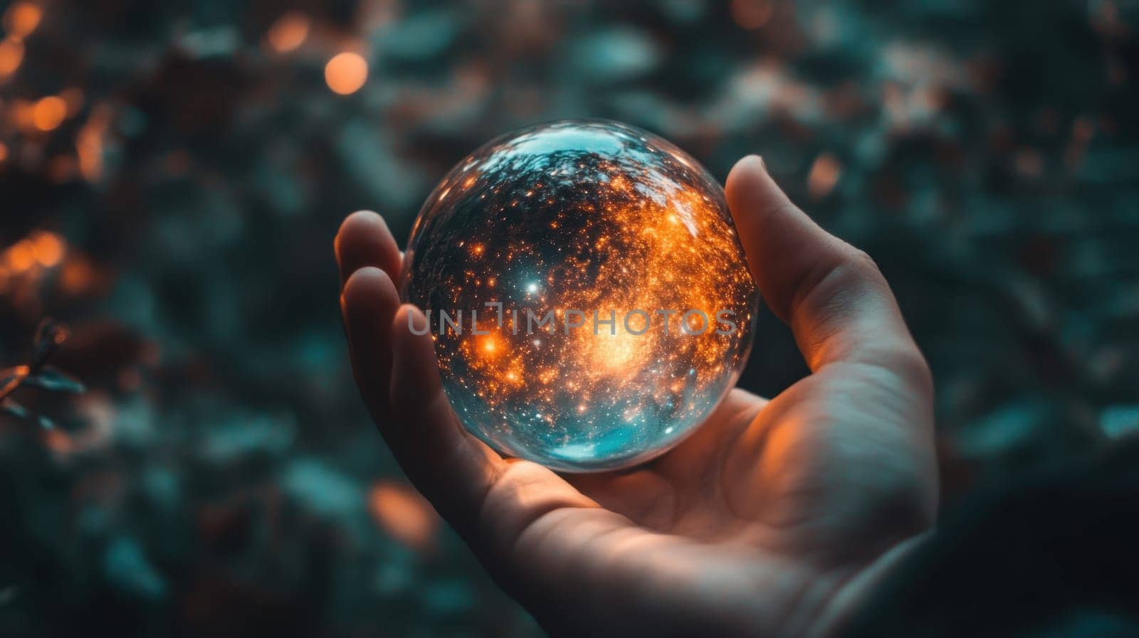 Human hand holding a crystal ball on the background of nature.