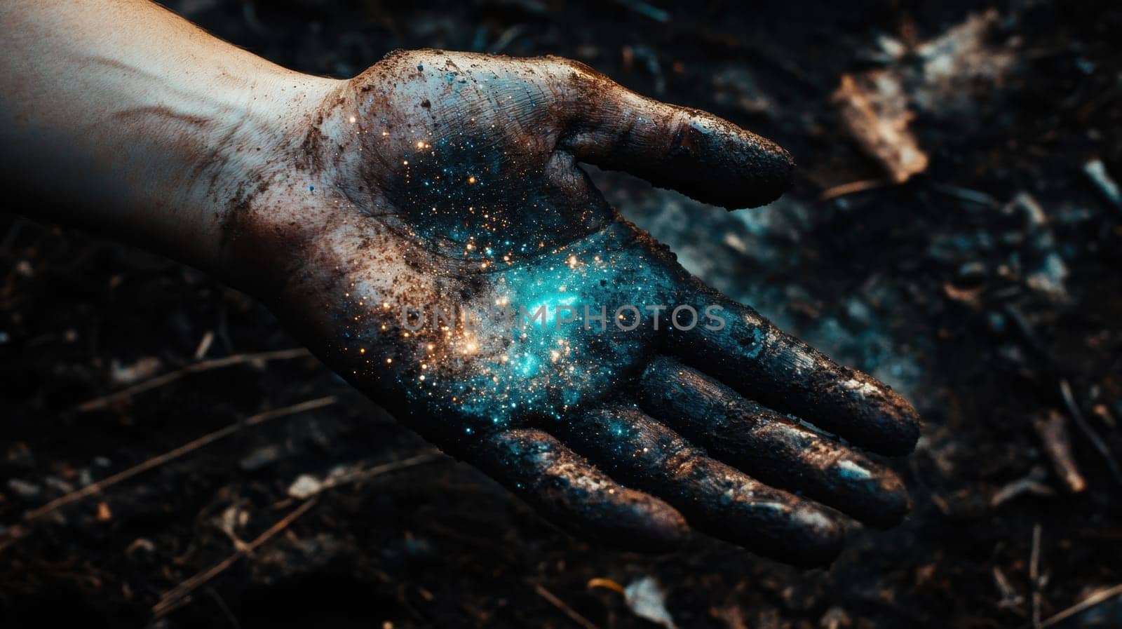 A dirty hand stained with earth. The concept of cleanliness.