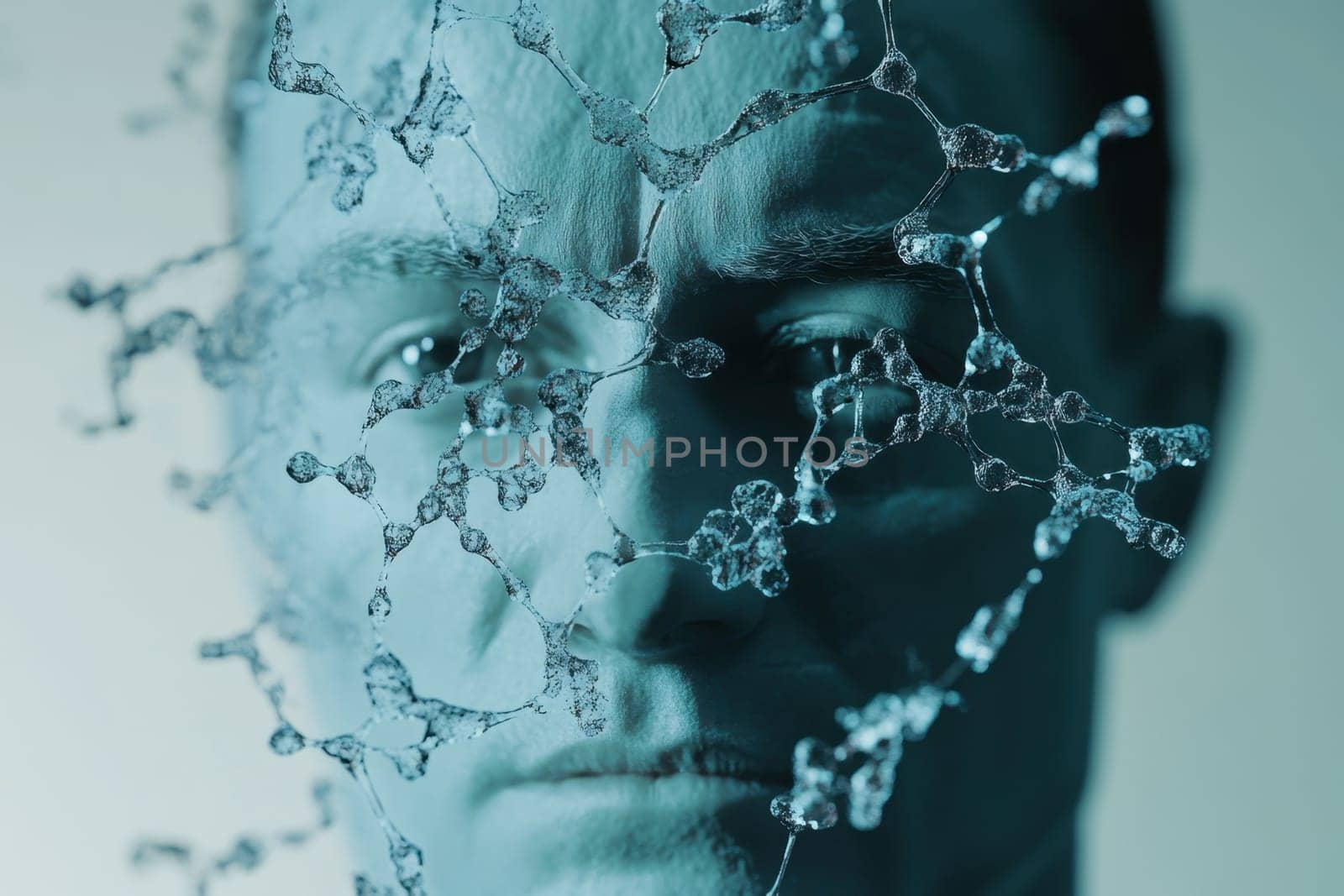 Antibodies under a microscope against a human face . Large globular proteins of blood plasma. Antiviruses. Viruses.