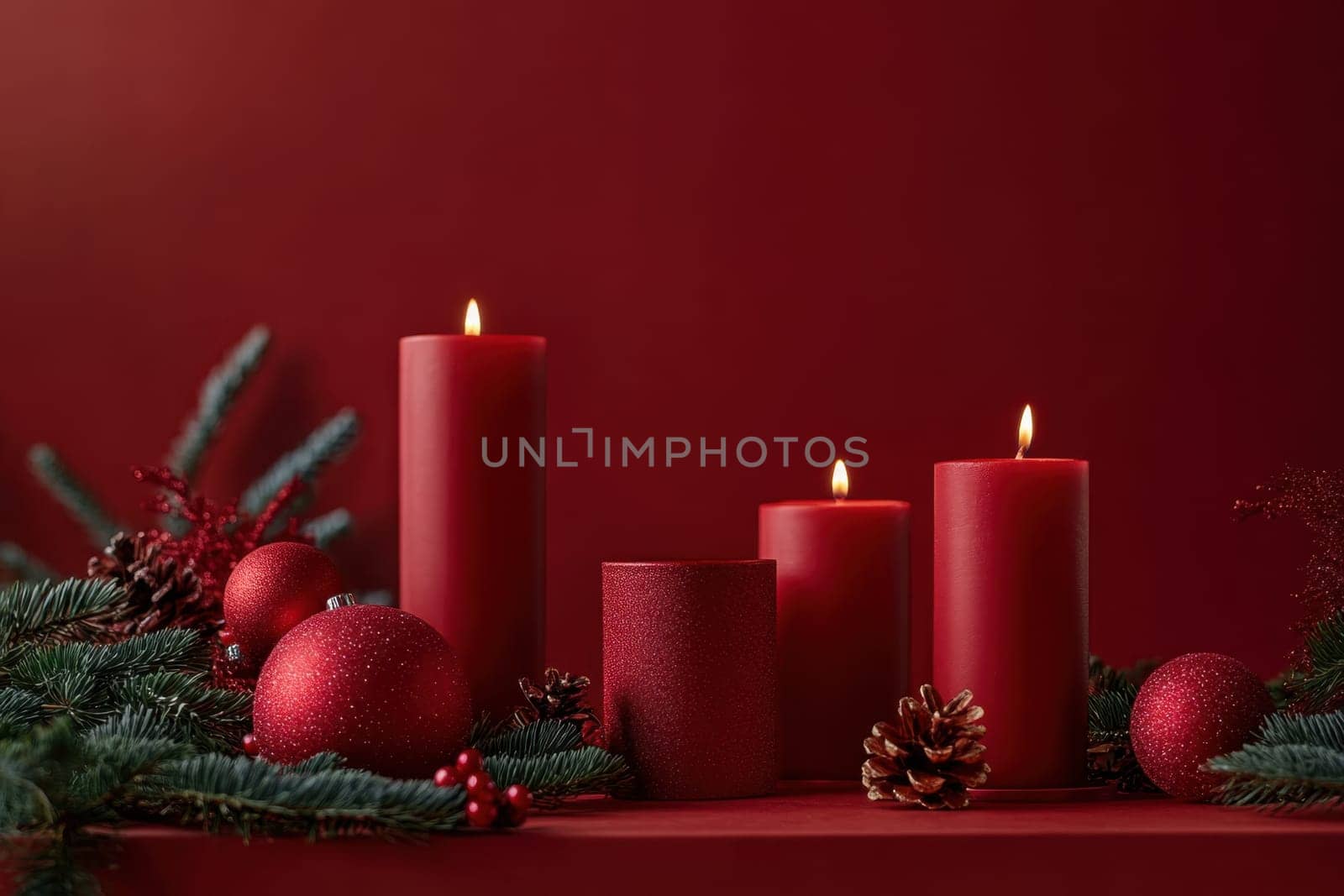 Red candles on a festive red background . Advent, Christmas, holiday and traditions.