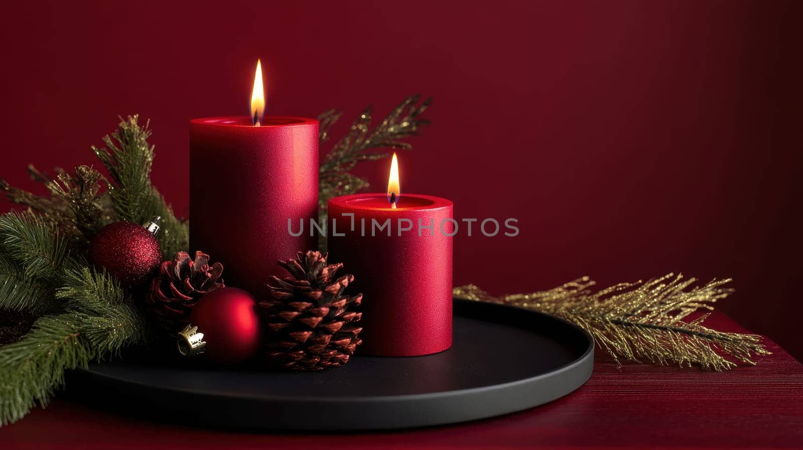 Red candles on a festive red background . Advent, Christmas, holiday and traditions.