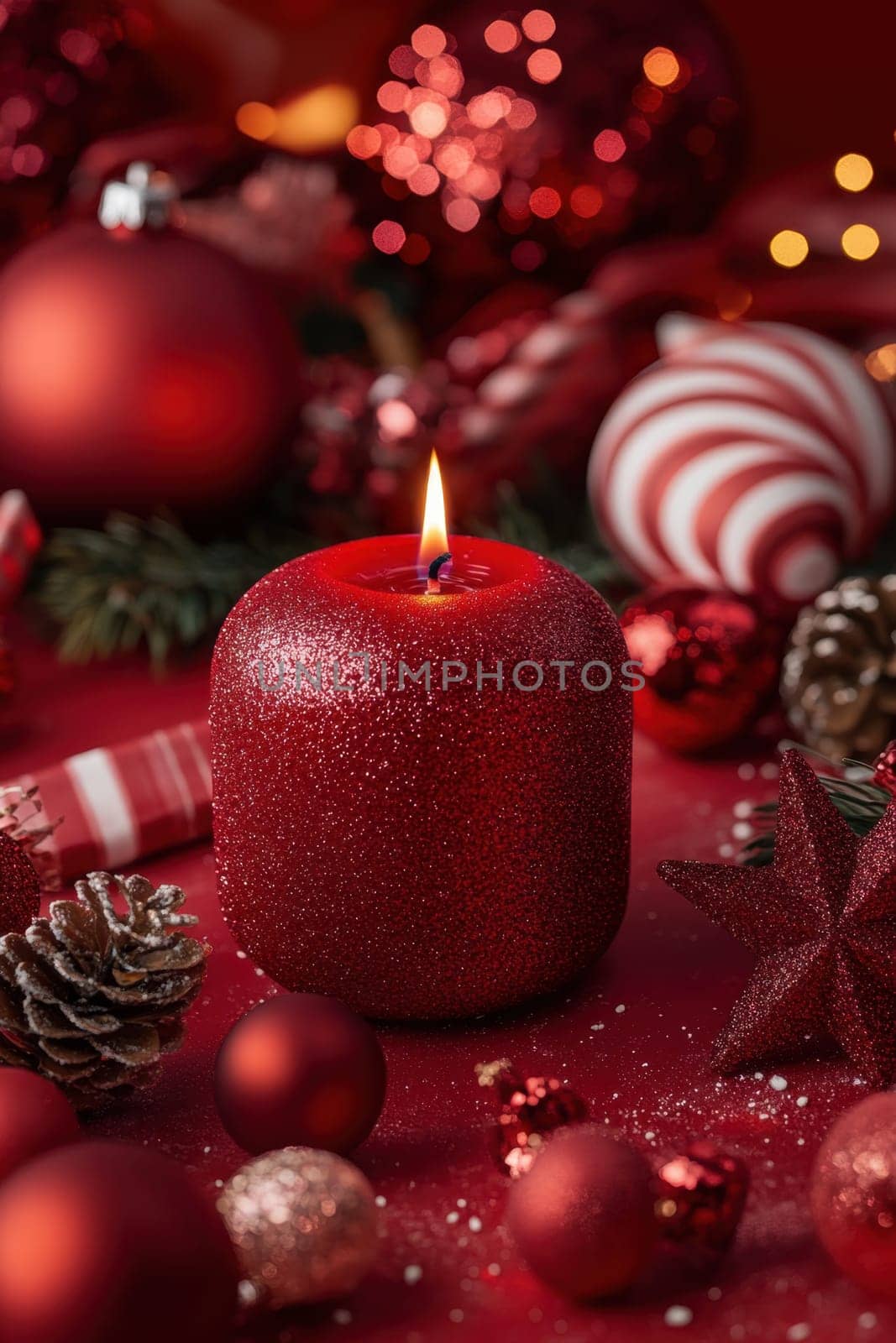 Red candles on a festive red background . Advent, Christmas, holiday and traditions.