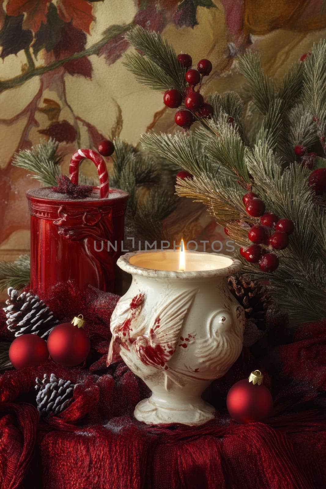 Red candles on a festive red background . Advent, Christmas, holiday and traditions.