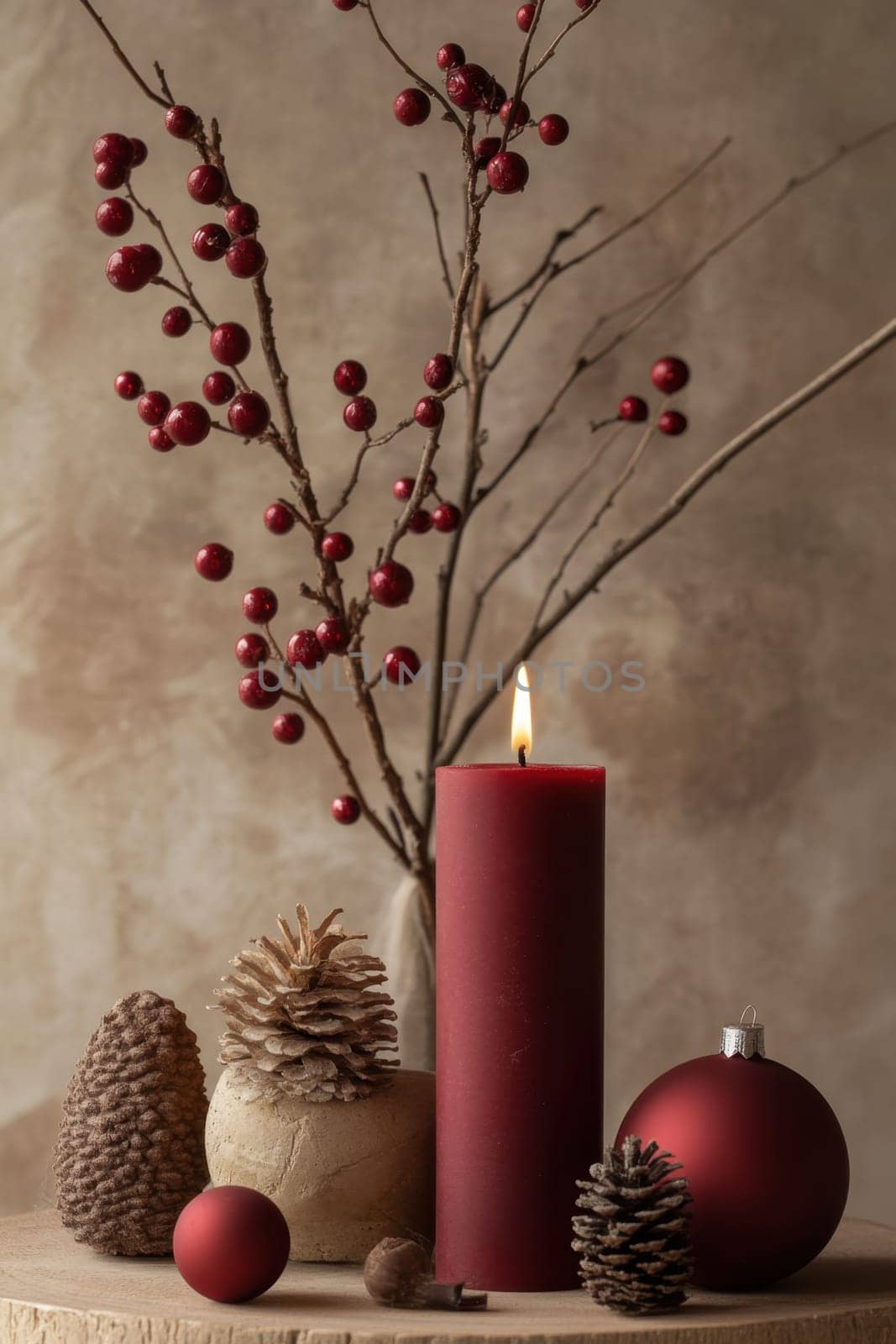 Red candles on a festive red background . Advent, Christmas, holiday and traditions.