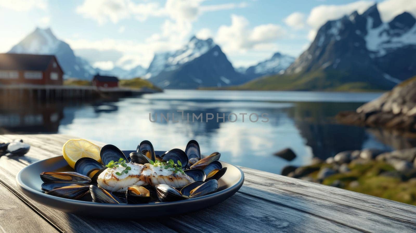 A seafood platter on a table with mountains and bay in the background. Fillet of sea fish and mussels in a plate on the table.