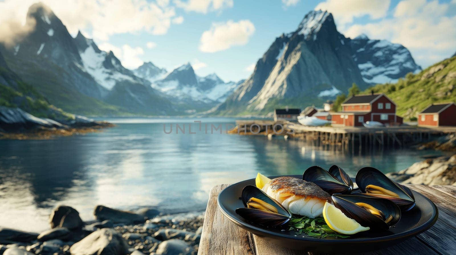 Close-up of fillet of sea fish and mussels in a plate on a table on the background of mountains.