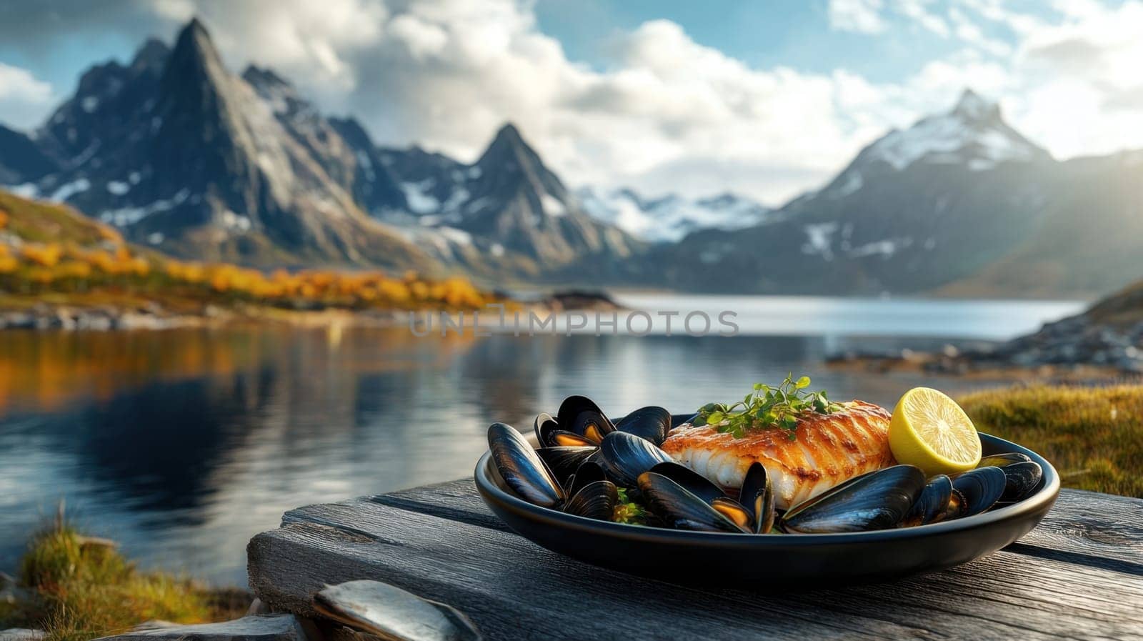 Close-up of fillet of sea fish and mussels in a plate on a table on the background of mountains.
