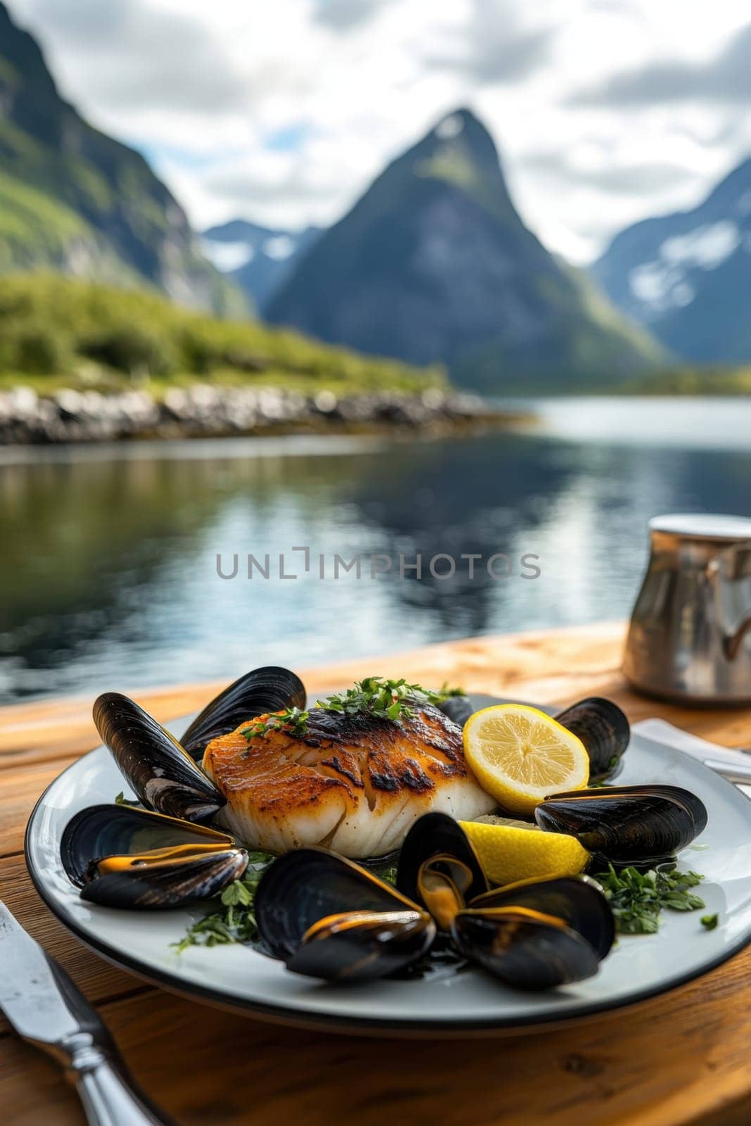 Close-up of fillet of sea fish and mussels in a plate on a table on the background of mountains.