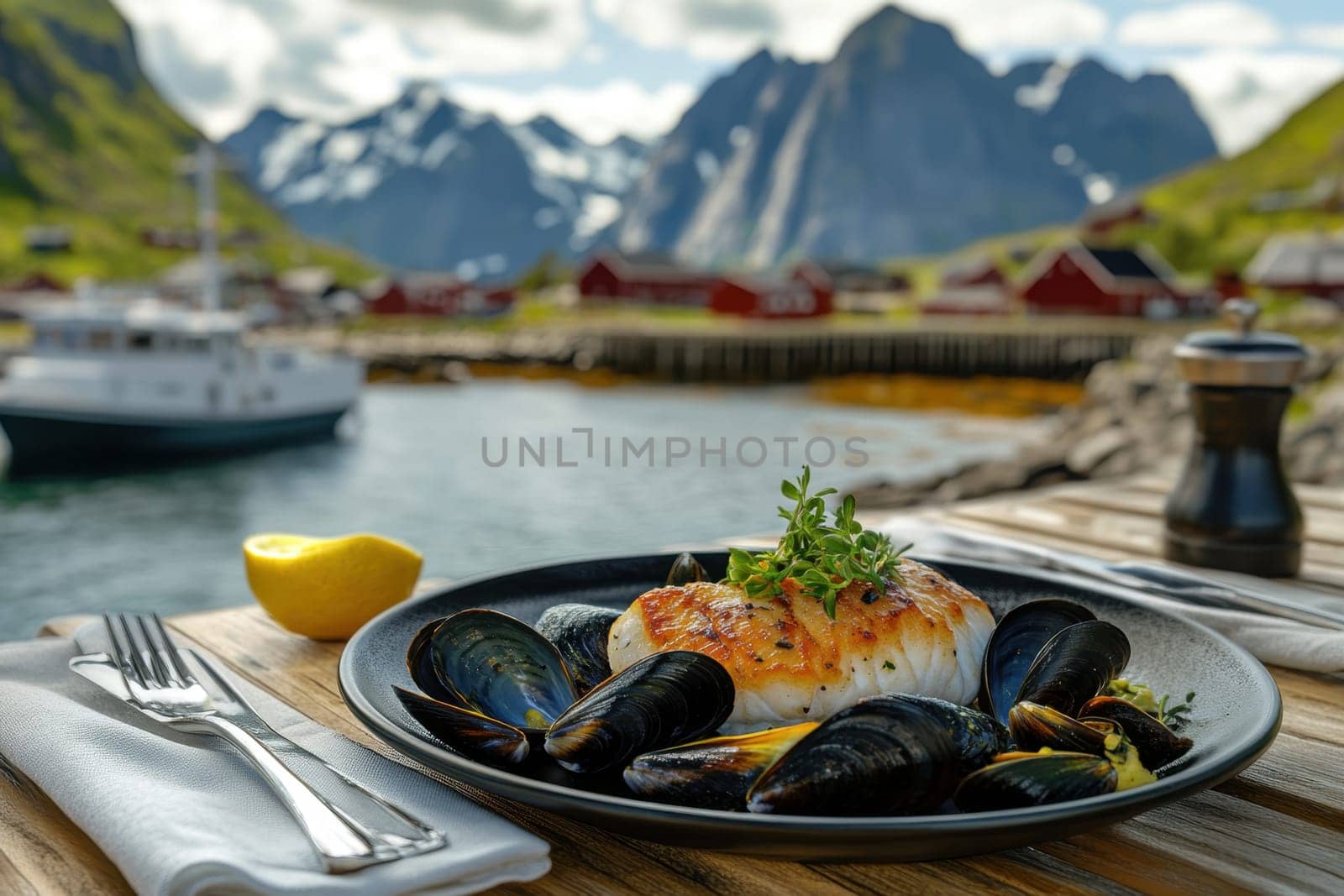 Close-up of fillet of sea fish and mussels in a plate on a table on the background of mountains.