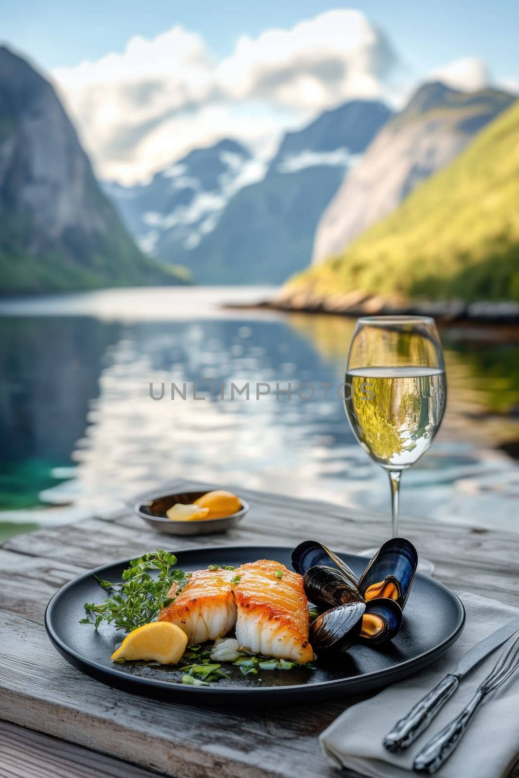 A seafood platter on a table with mountains and bay in the background. Fillet of sea fish and mussels in a plate on the table.