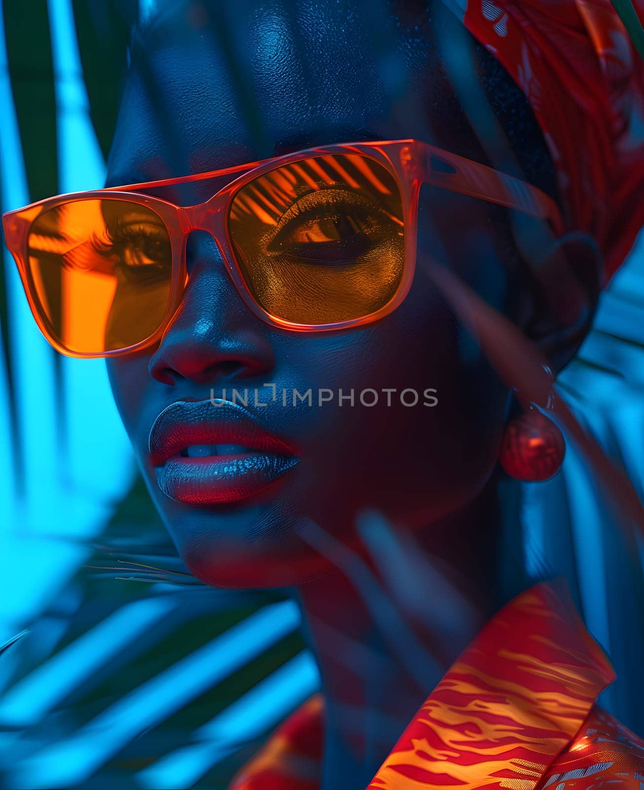 Closeup of a woman in sunglasses with neon lighting, showcasing vibrant shades of orange, red, magenta, and electric blue. A fusion of vision care and art