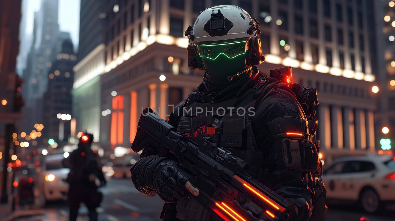 A soldier in a black military uniform with a machine gun in the city, wearing a helmet, a military cyborg stands on a city street at night