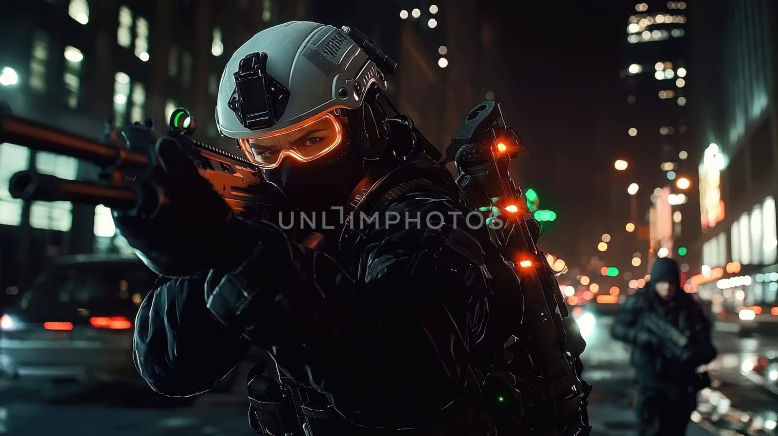 A soldier in a black military uniform with a machine gun in the city, wearing a helmet, a military cyborg stands on a city street at night