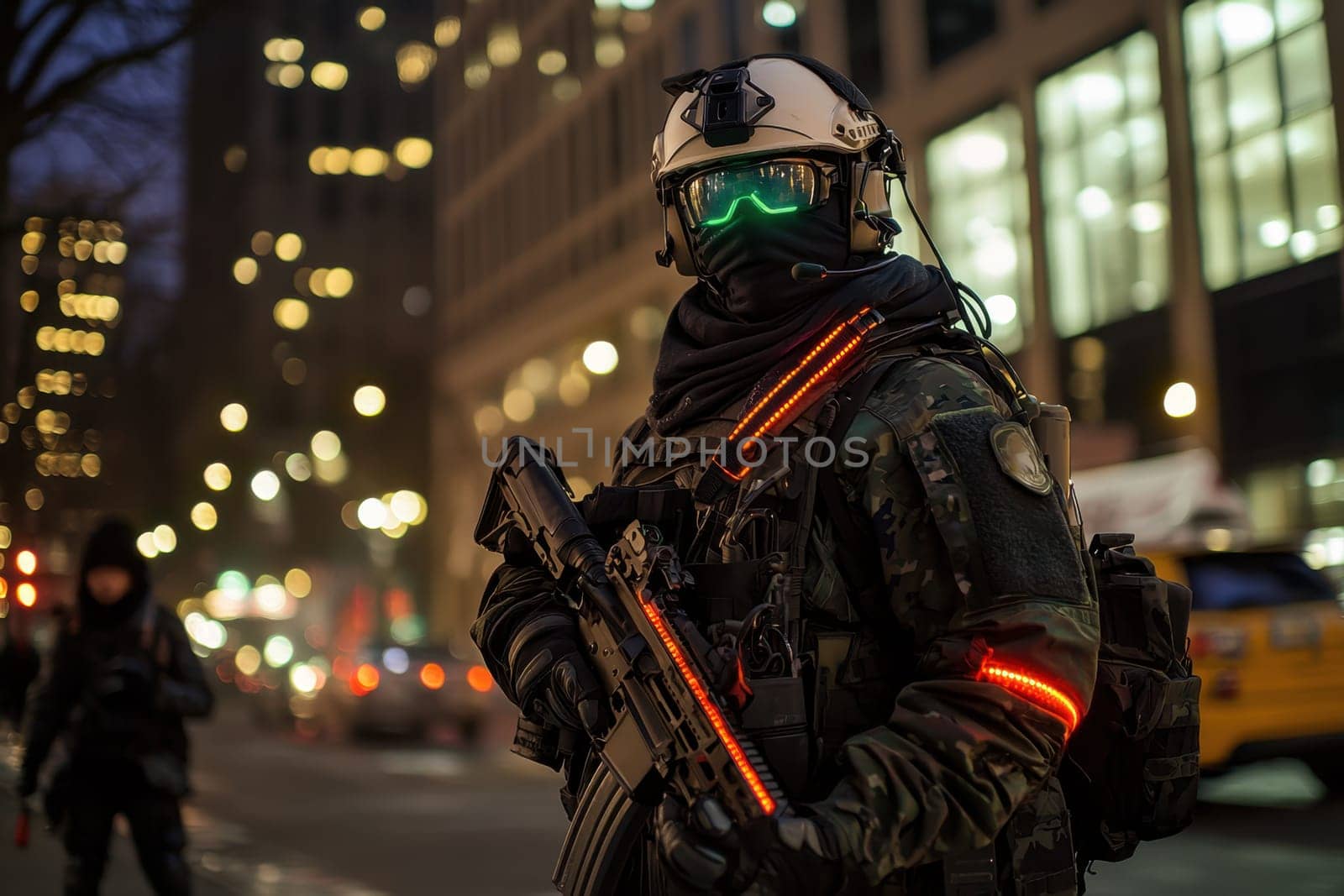 A soldier in a black military uniform with a machine gun in the city, wearing a helmet, a military cyborg stands on a city street at night