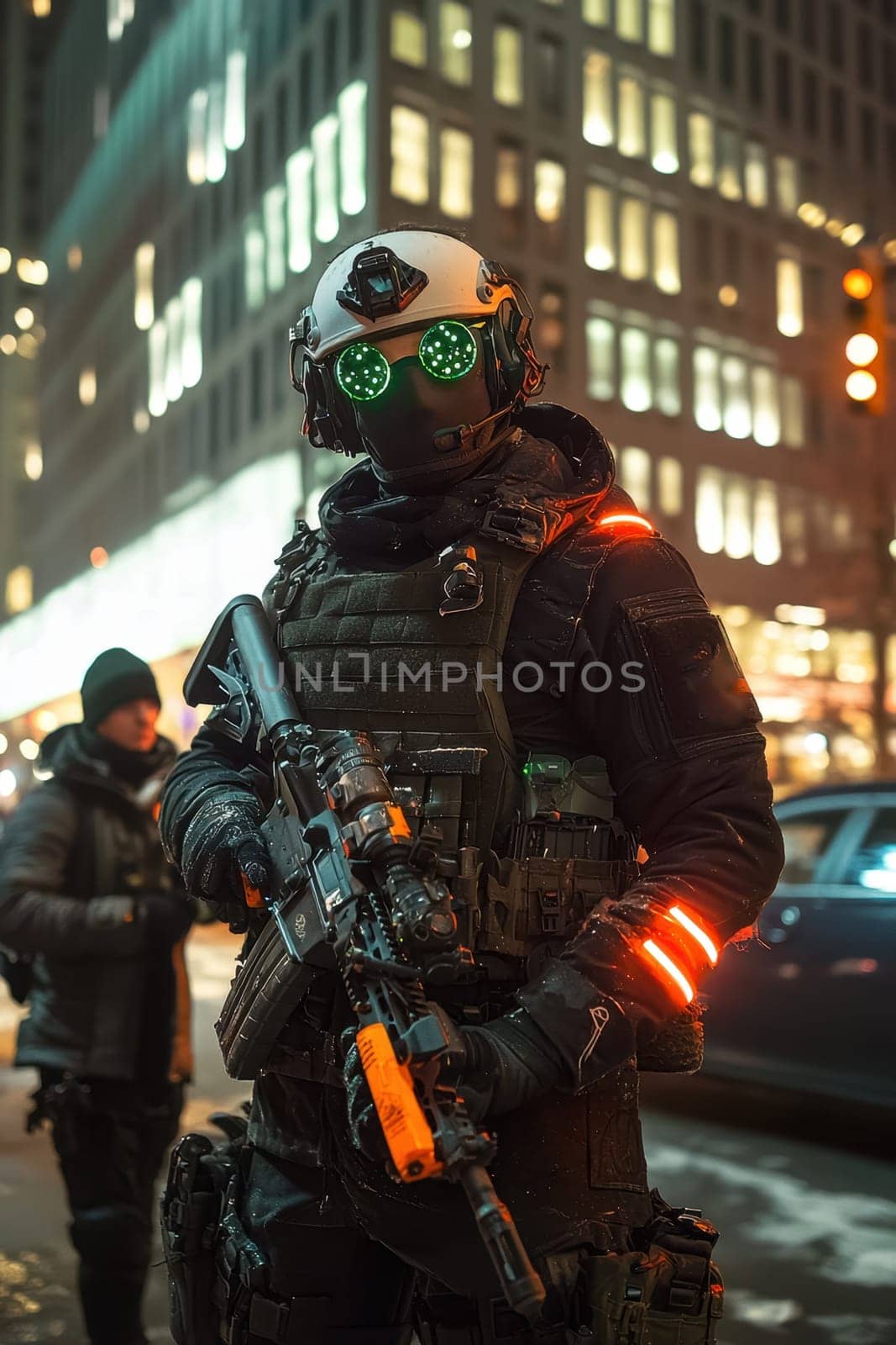 A soldier in a black military uniform with a machine gun in the city, wearing a helmet, a military cyborg stands on a city street at night