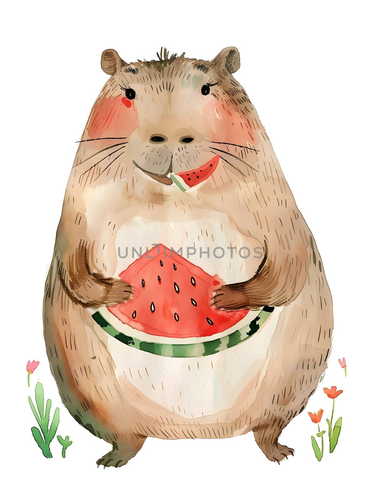 A terrestrial animal, the hamster, is enjoying a slice of watermelon. The fruit is placed on a small dishware, making it look like a toy painting illustration