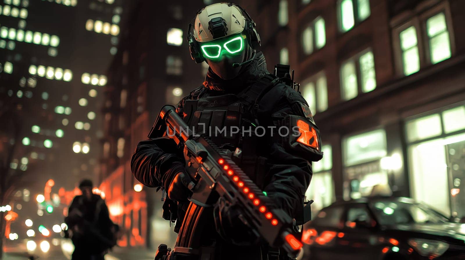 A soldier in a black military uniform with a machine gun in the city, wearing a helmet, a military cyborg stands on a city street at night