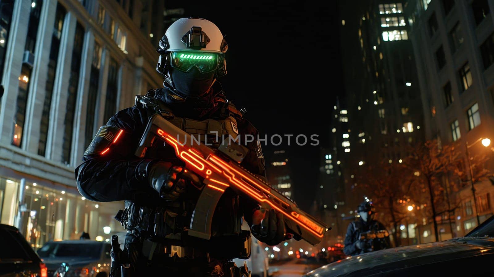 A soldier in a black military uniform with a machine gun in the city, wearing a helmet, a military cyborg stands on a city street at night
