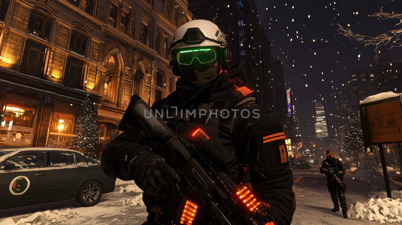 A soldier in a black military uniform with a machine gun in the city, wearing a helmet, a military cyborg stands on a city street at night