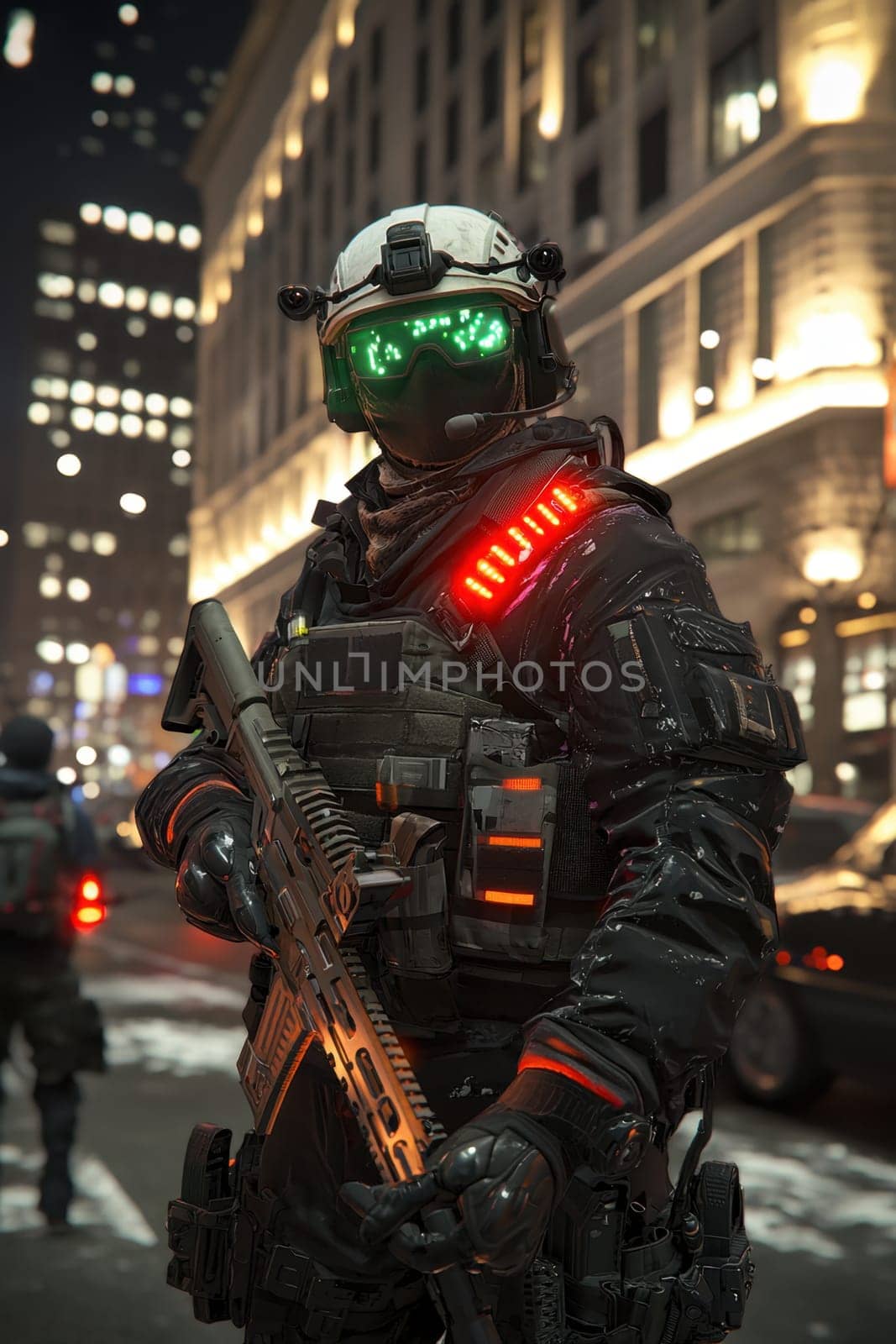 A soldier in a black military uniform with a machine gun in the city, wearing a helmet, a military cyborg stands on a city street at night