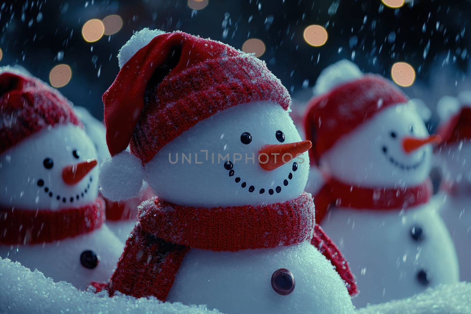 Christmas snowmen on a winter night street. Santa Claus Village Lapland Finland.