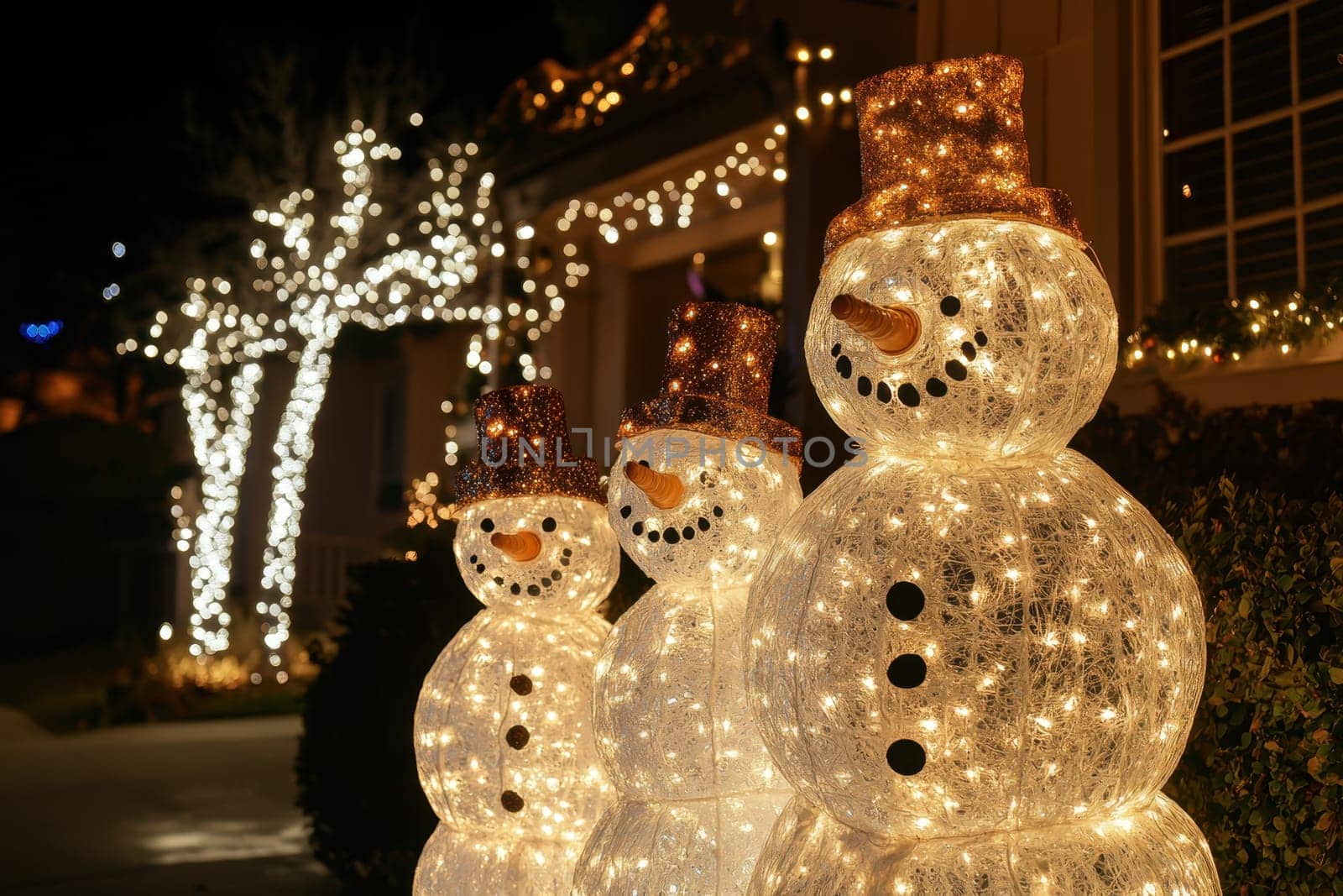 Christmas snowmen on a winter night street. Santa Claus Village Lapland Finland.