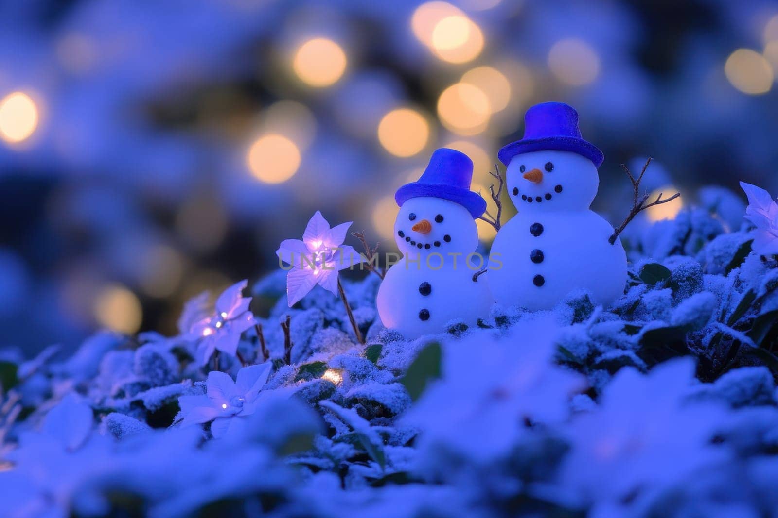 Christmas snowmen on a winter night street. Santa Claus Village Lapland Finland.