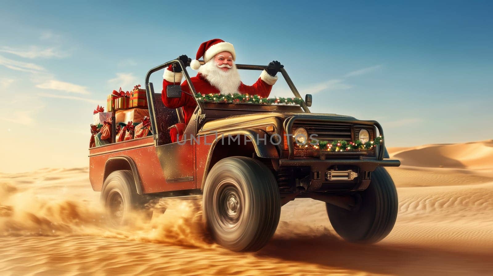 Santa Claus rides in an open car through the desert. Hot New Year.