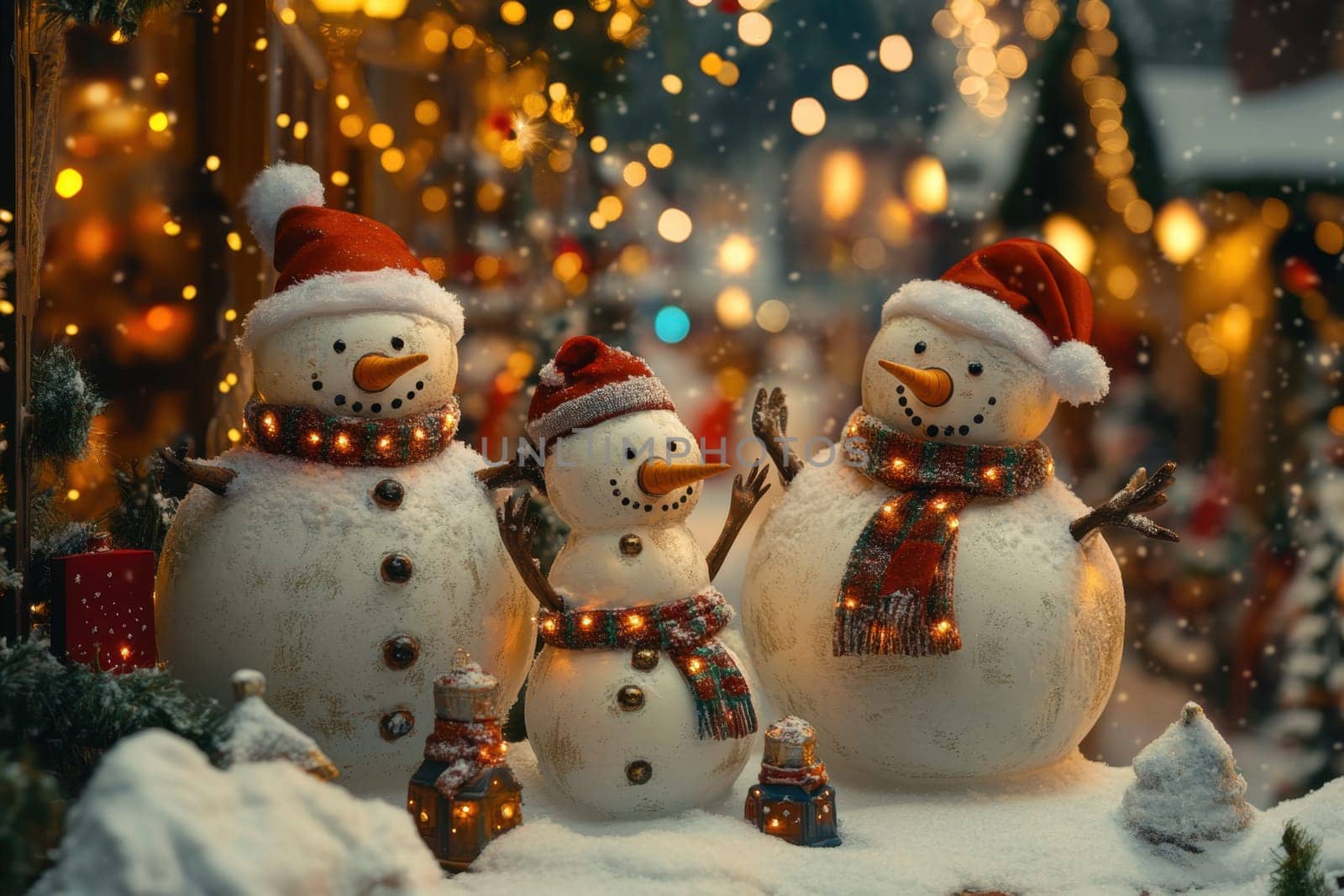 Christmas snowmen on a winter night street. Santa Claus Village Lapland Finland.