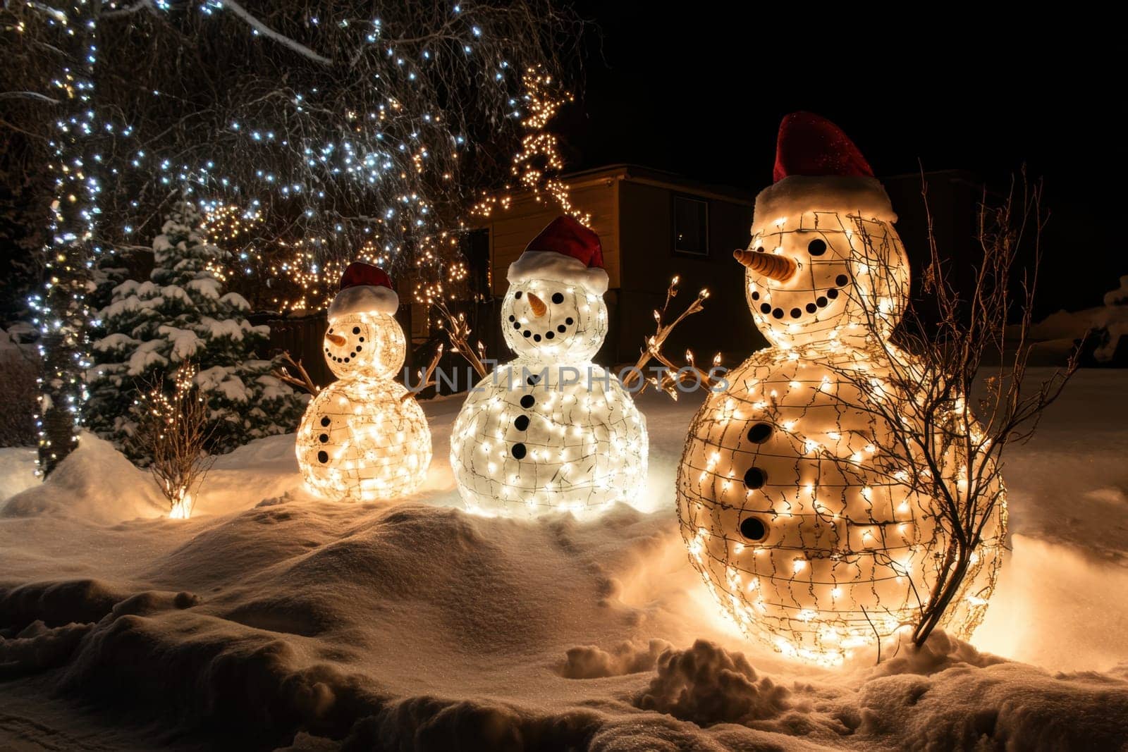 Christmas snowmen on a winter night street. Santa Claus Village Lapland Finland.