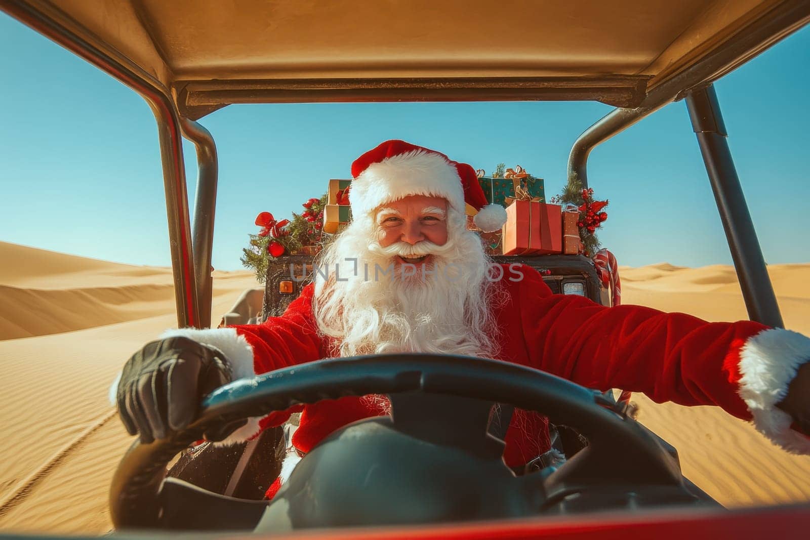 Santa Claus rides in an open car through the desert. Hot New Year.
