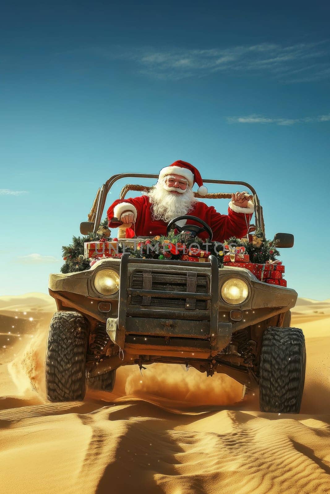 Santa Claus rides in an open car through the desert. Hot New Year.