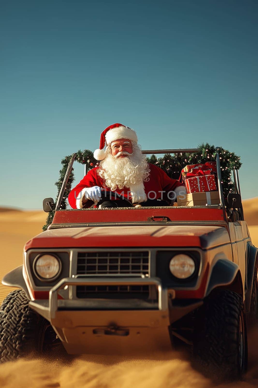Santa Claus rides in an open car through the desert. Hot New Year.