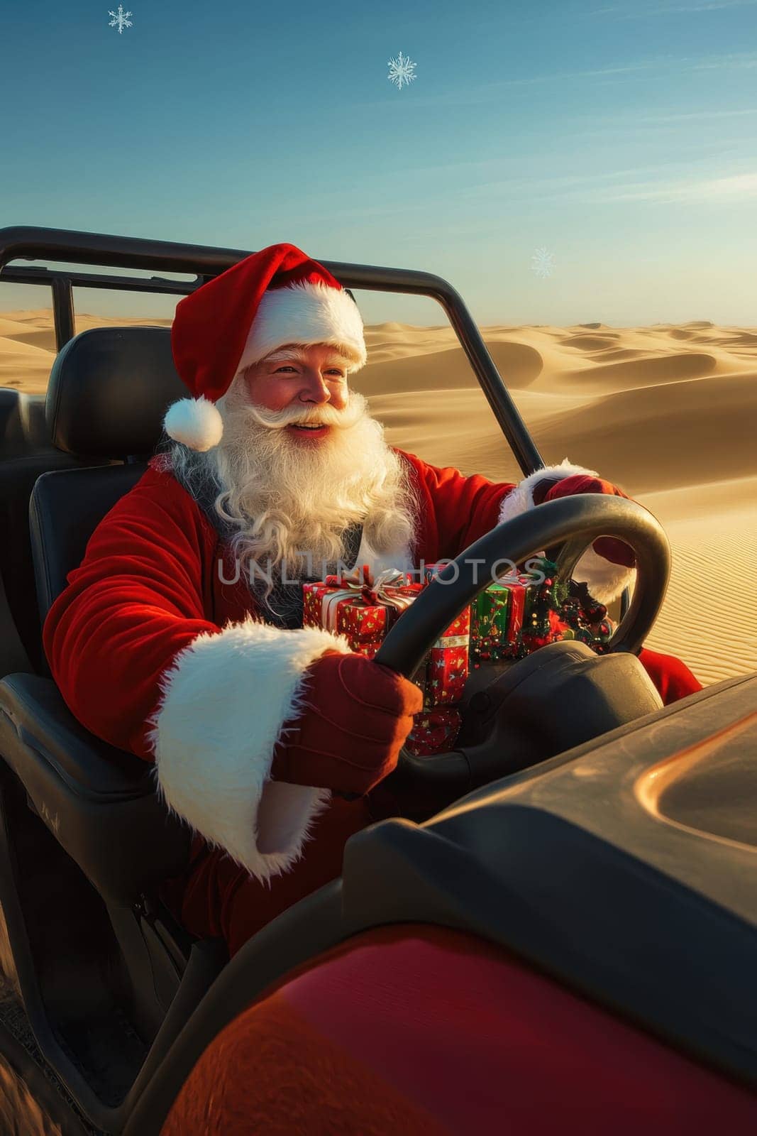 Santa Claus rides in an open car through the desert. Hot New Year.