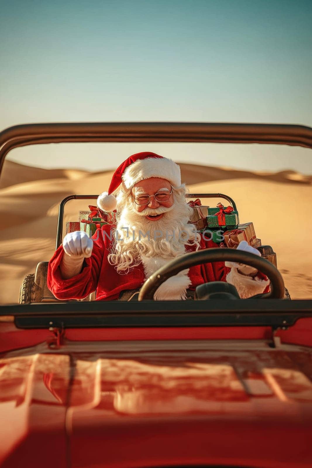 Santa Claus rides in an open car through the desert. Hot New Year.