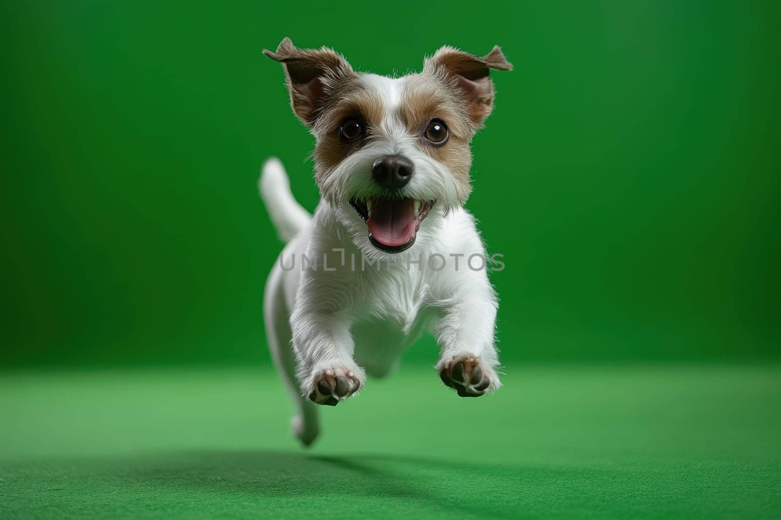 Dog jumping on green isolated background. Active Jack Russell in studio on chromakey background.