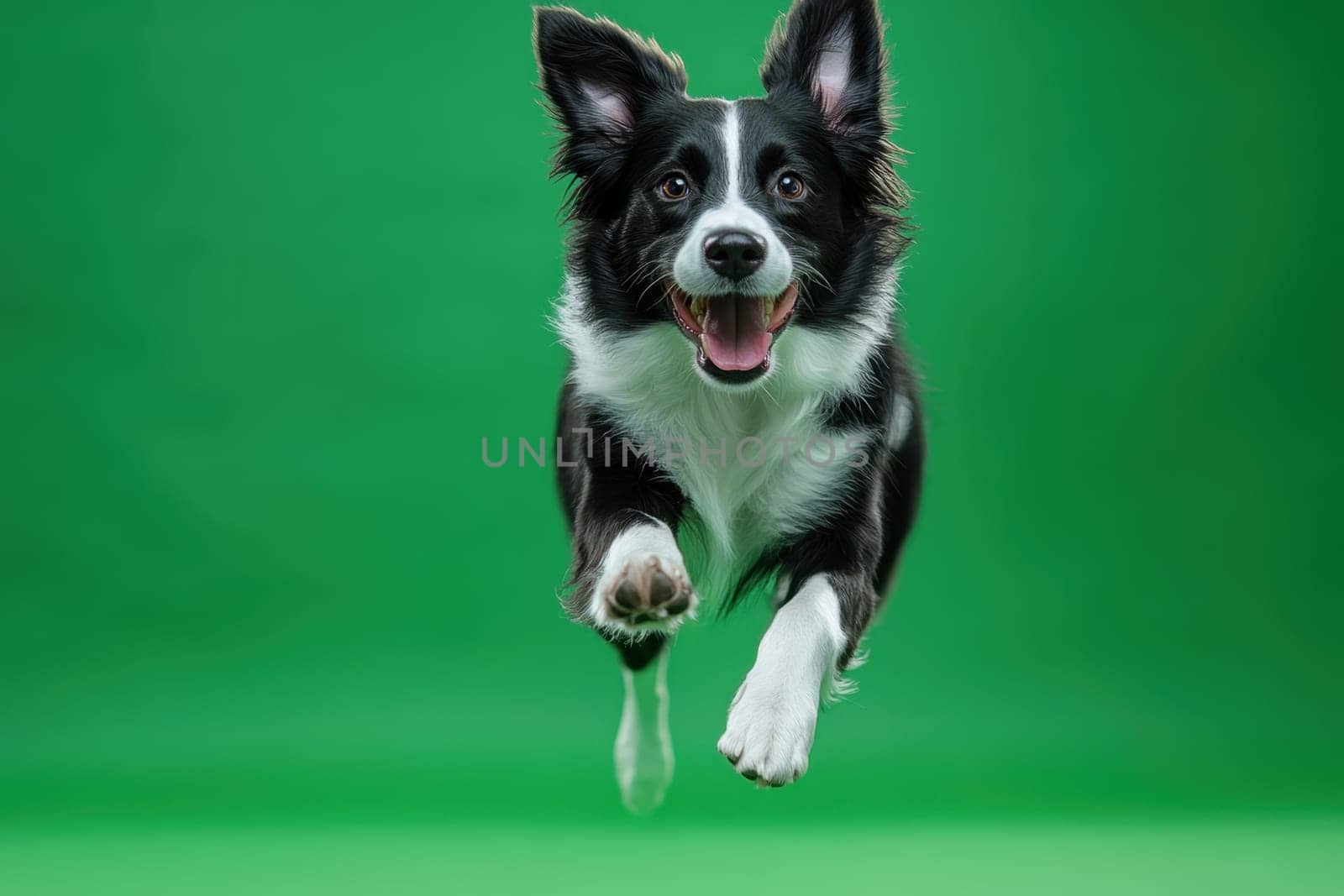 Dog jumping on green isolated background . Active dog in studio on chromakey background