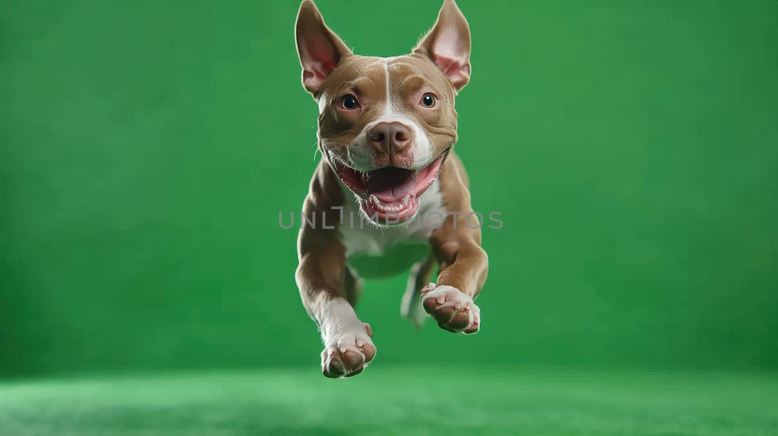 Dog jumping on green isolated background . Active dog in studio on chromakey background