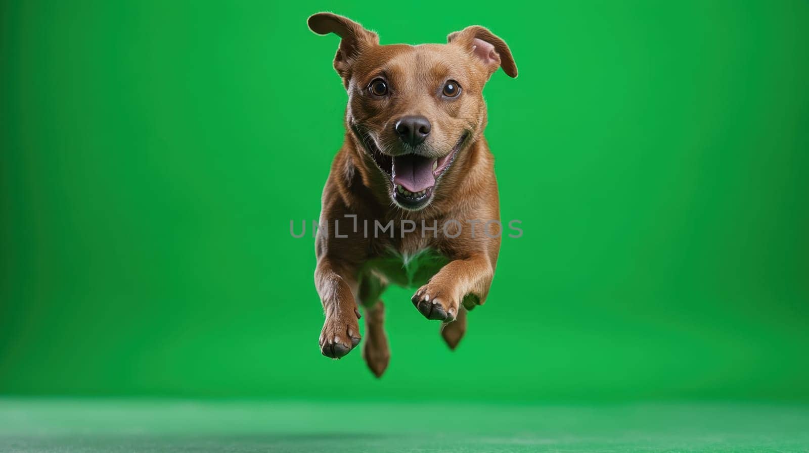 Dog jumping on green isolated background . Active dog in studio on chromakey background