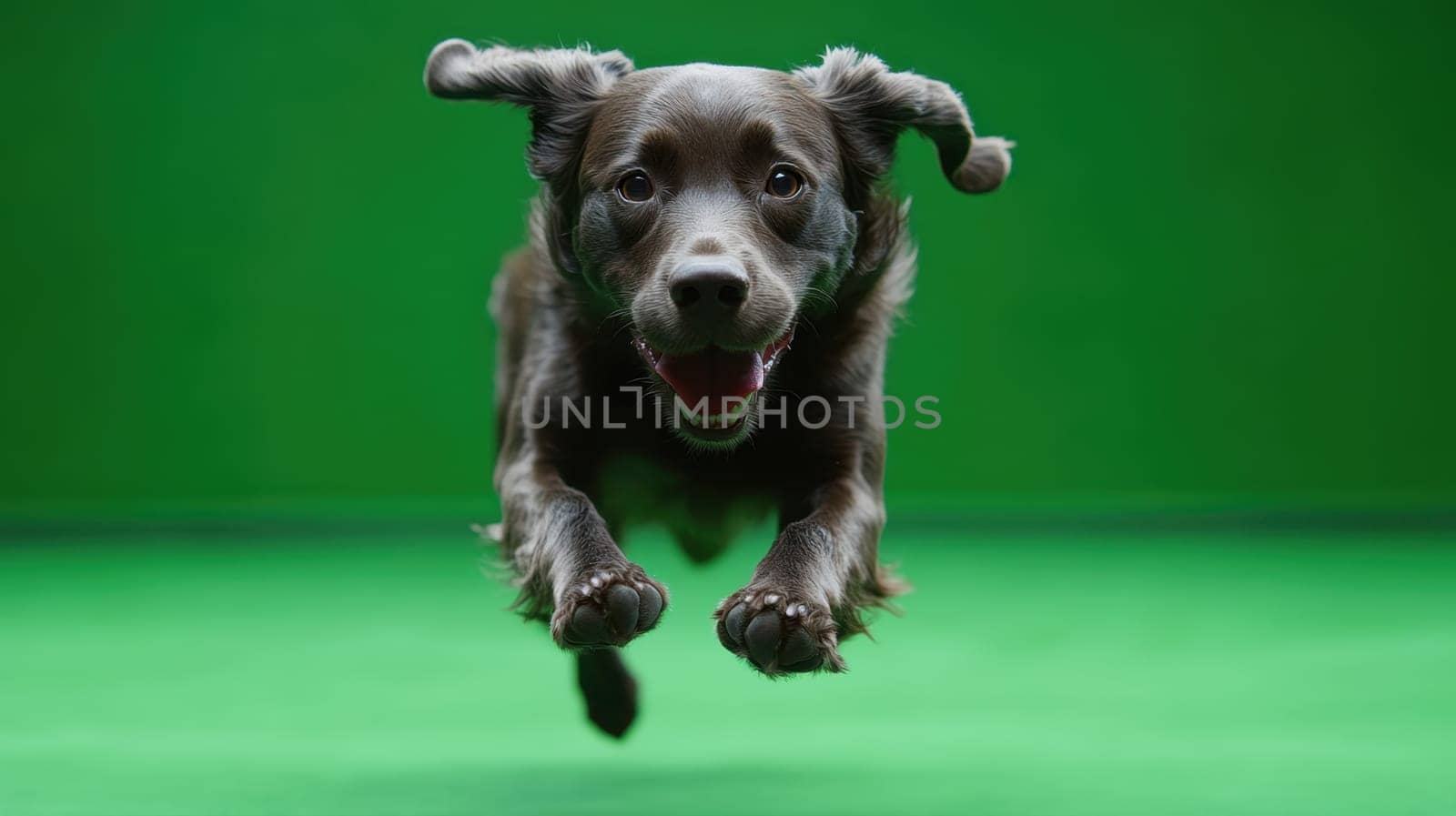 Dog jumping on green isolated background. Active black dog in studio on chromakey background.