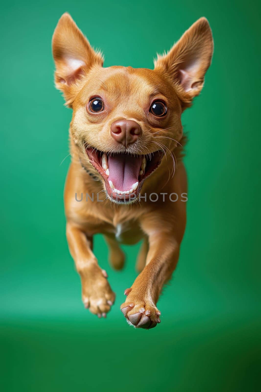 Dog jumping on green isolated background . Active dog in studio on chromakey background