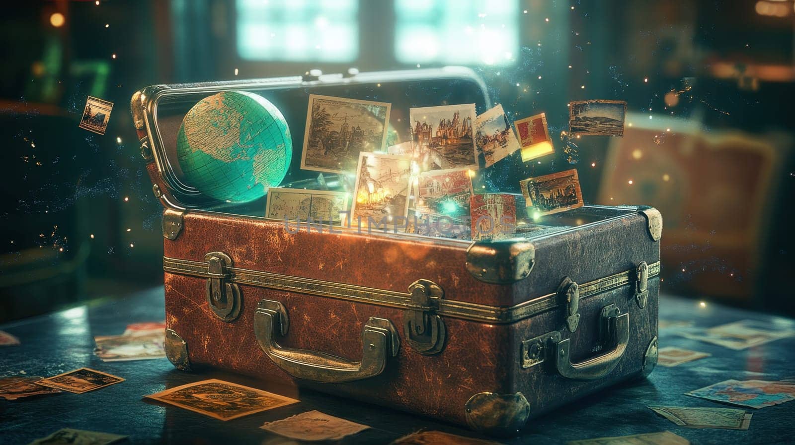 A magic suitcase with maps and a globe for traveling on the floor. The concept of a travel bag for a vacation.
